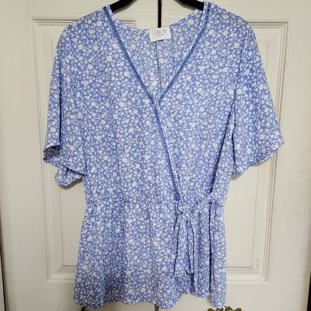 Blue and White Floral Wrap Dress
